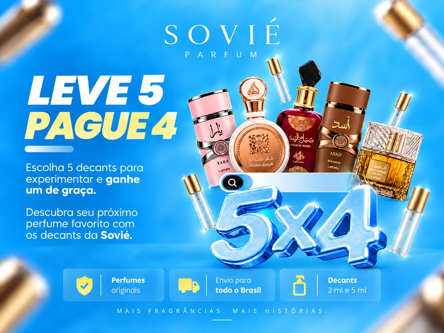 Leve 5 decants, pague 4. Escolha 5 decants para experimentar e ganhe um de graça.